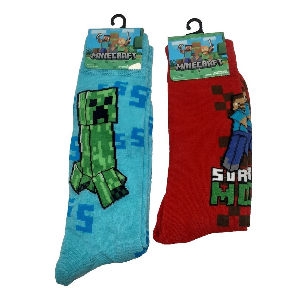 MINECRAFT  Steve Creeper Video Game Men Size 6-12 Crew Socks 2 Pair NWT Kidcore